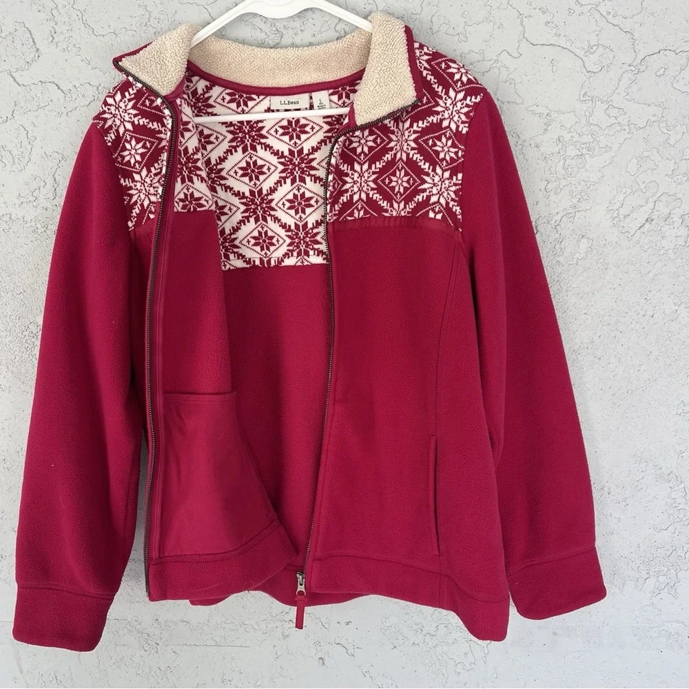 L.L. Bean Red Fair Isle Fleece Zip Jacket